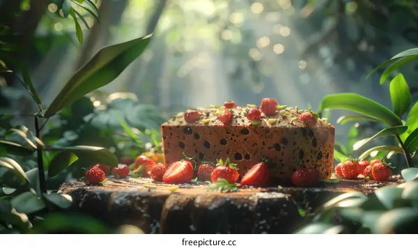 Close up of a delicious chocolate cake with strawberries in a magical forest setting