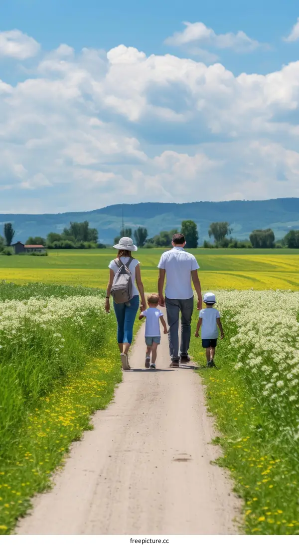 Family of four walking on a country road