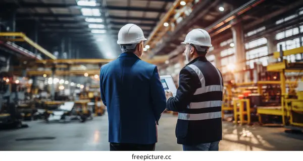 Two engineers in hard hats discussing a project in a factory