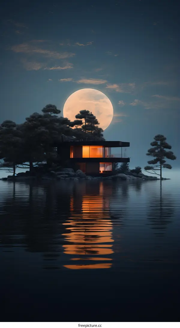futuristic house near body of water with large moon in background