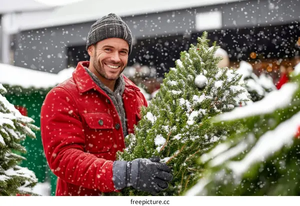 Man Carrying Snowy Christmas Tree Outdoors