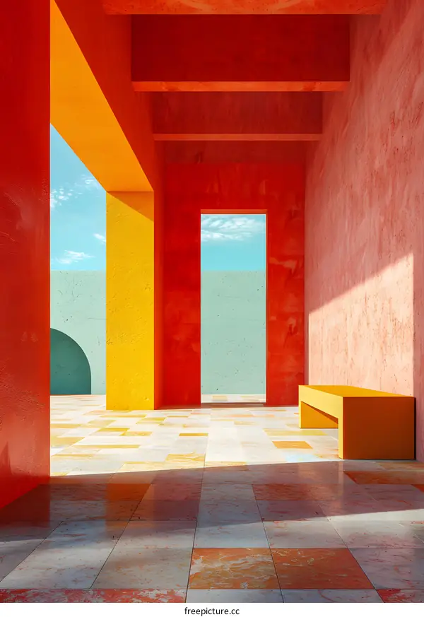 Minimalist Abstract Architecture with Colorful Walls and Benches