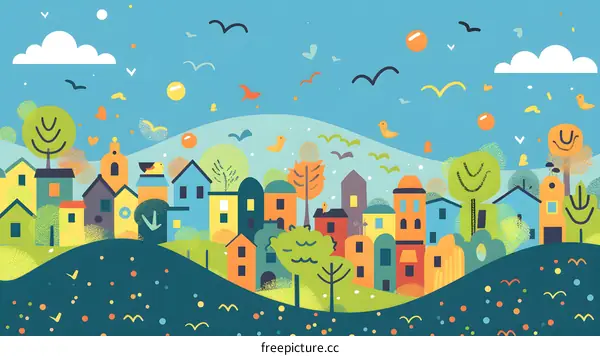 Colorful Illustration Of Happy Town With Birds Flying