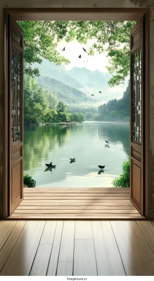 Tranquil Lakeside Scenery Through an Open Door