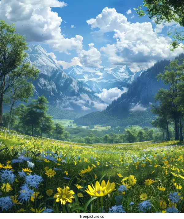Beautiful Mountain Valley Flowers Landscape Illustration