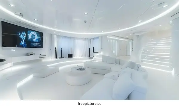 The interior of a futuristic white living room