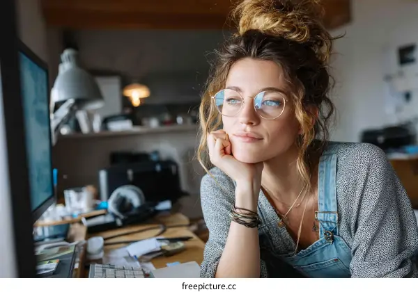 Woman at Desk Concentrated on Work