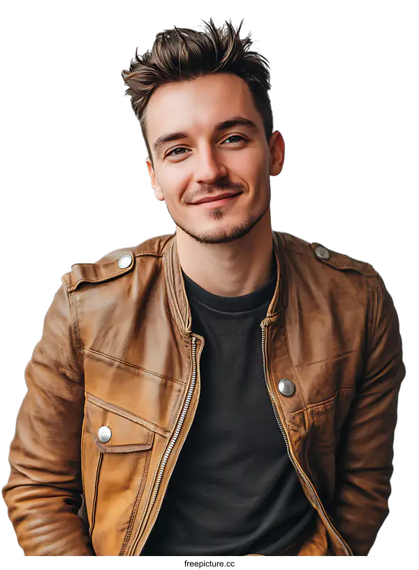 [Transparent Background PNG]Stylish Man Wearing a Brown Leather Jacket