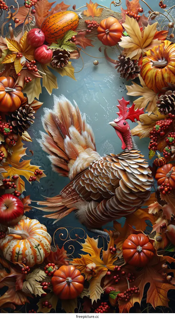 Thanksgiving Cornucopia with Turkey, Pumpkins, and Fall Foliage