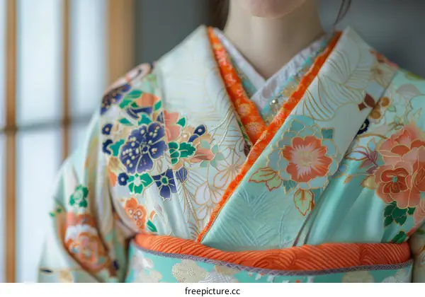 Close up of a woman wearing a kimono with floral patterns