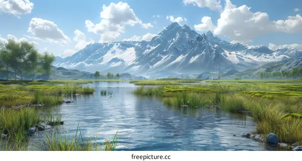 Mountains by a River with a Grassy Field, White Clouds and a Blue Sky