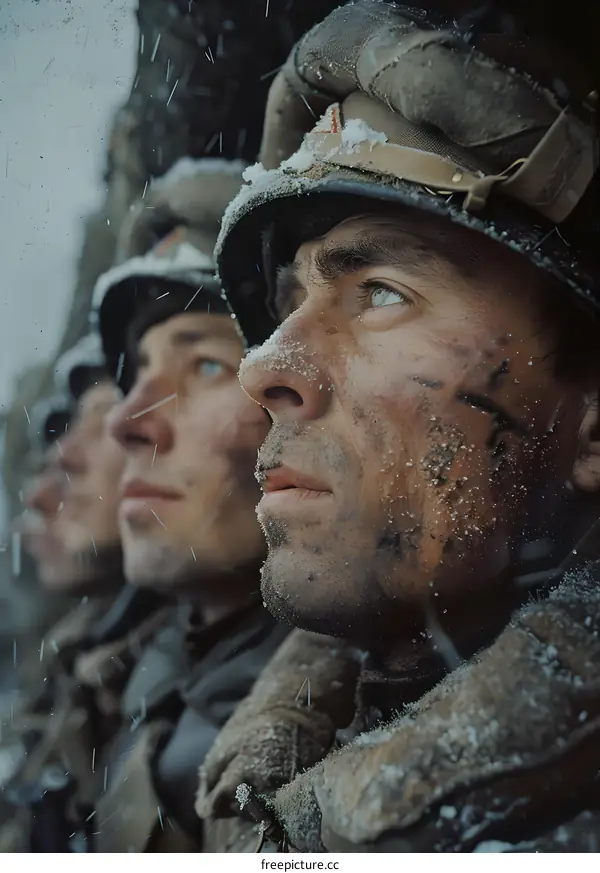 Three Soldiers Gazing Upward in a Snowy Battlefield