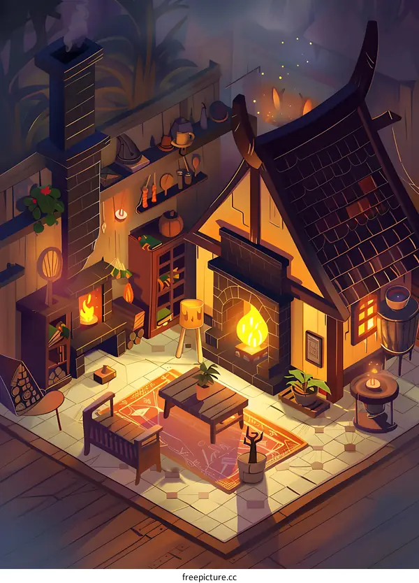 Cozy Cottage Interior with Fireplace and Furniture