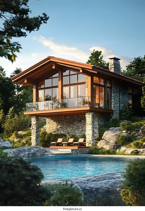 Modern Wooden Cabin With Pool and Large Windows