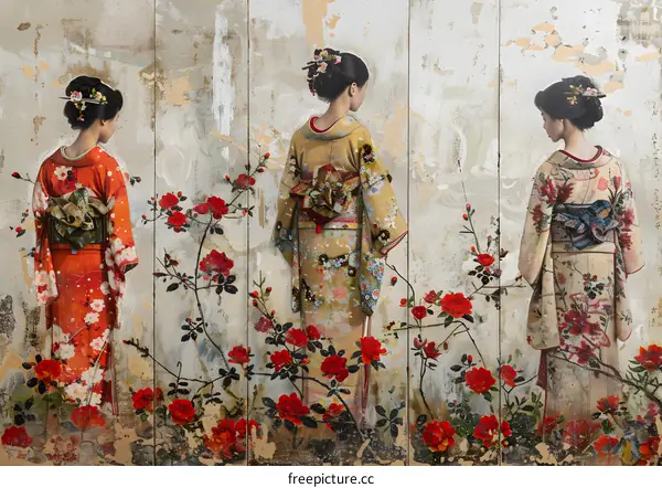 Three Japanese women in traditional kimono with red rose flowers