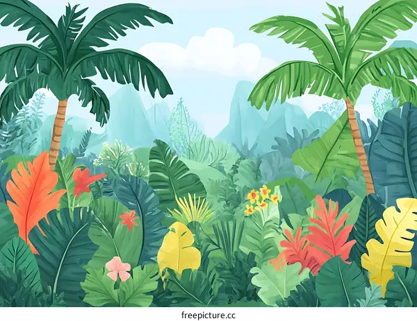 Tropical Rainforest Jungle Illustration with Palm Trees