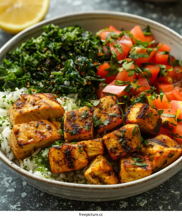 Grilled Chicken Thighs with Rice, Kale, and Tomato Salad