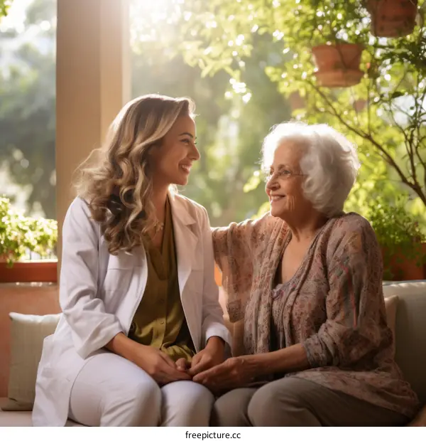 A young female doctor is talking to an elderly female patient in a sunlit room.
