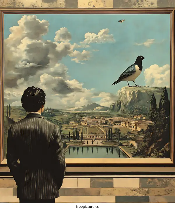 Man Looking at Painting of a Landscape with a Bird