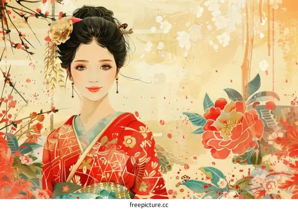 A beautiful Japanese woman in a red kimono with white plum blossom and peony flowers.