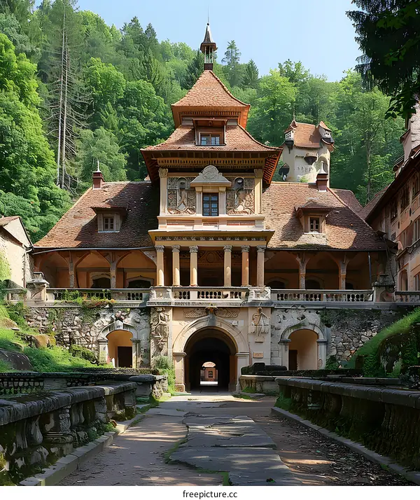An illustration of a beautiful castle with a long bridge leading up to it