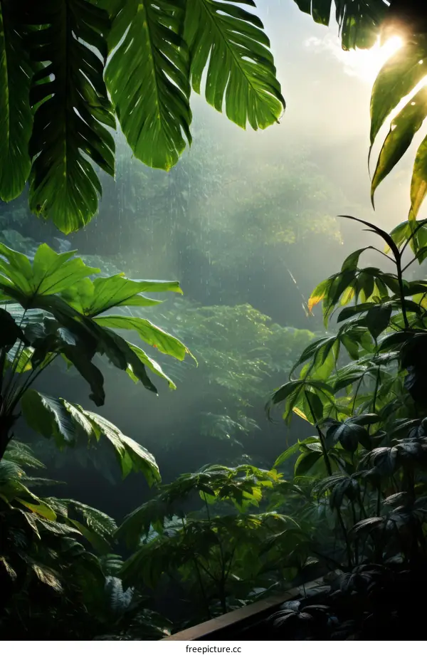 Lush Rainforest Foliage Bathed in Sunlight