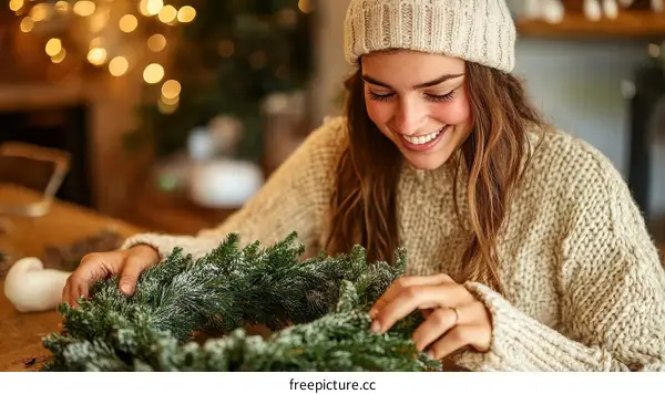 Woman Making a Christmas Wreath with Snowy Branches