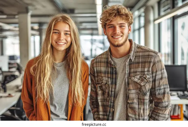 Two Young People Smiling in a Modern Office