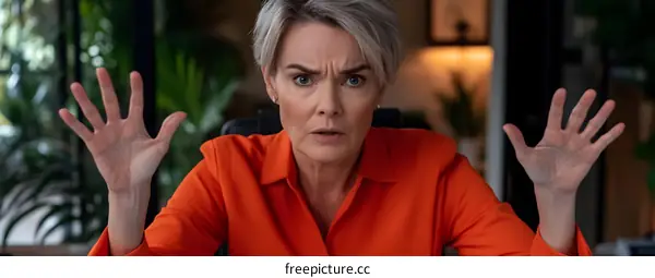 Caucasian Woman in Orange Shirt Gesturing With Both Hands