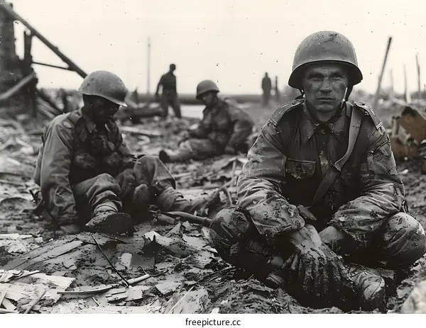 American soldiers in the ruins of Saint-Lo, France, shortly after its liberation, July 1944