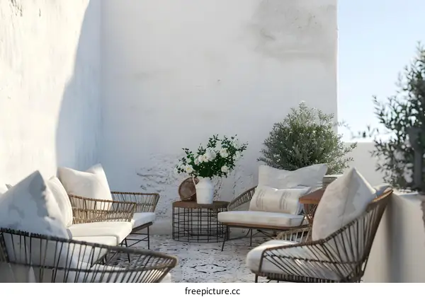 White  Wall Patio With Wicker Chairs And White Flowers