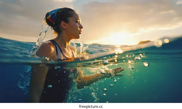 Woman Swimming in Ocean at Sunset