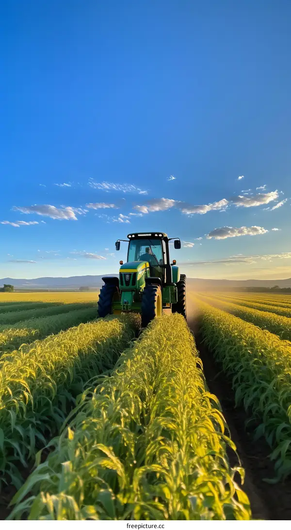 Green tractor working in a large agricultural field