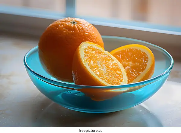 Fresh Oranges in a Blue Bowl on a Table