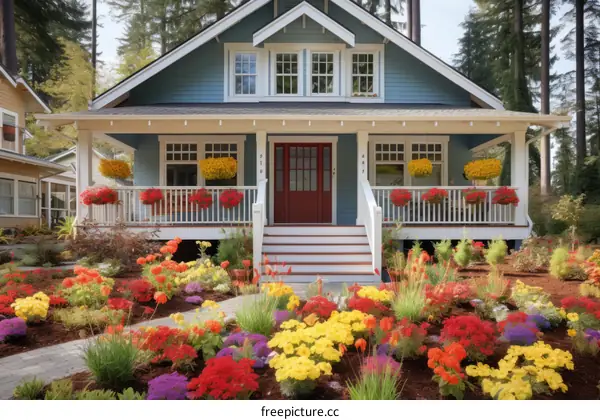 Colorful flowers in front of a blue house