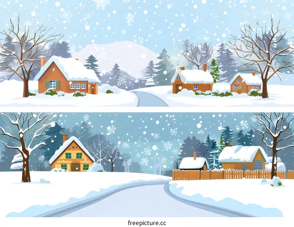 Winter Snow Covered Houses In The Forest Illustration