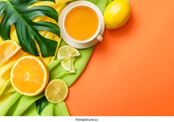Citrus Fruit Tea and Green Leaves on Orange Background