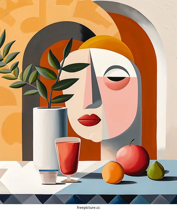 Abstract Art Still Life with Fruit and Vase