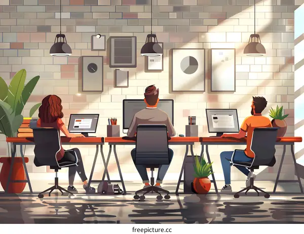 Three people working in an office