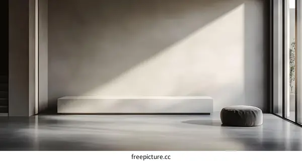 Minimalist Concrete Interior Design With Bench and Ottoman
