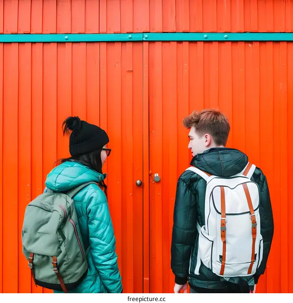 Couple Standing in Front of Orange Door