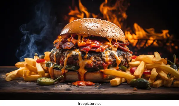 Flaming Grilled Beef Cheeseburger with Fries