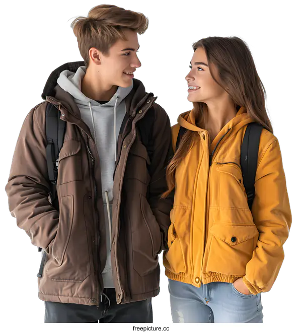[Transparent Background PNG]Two young people, a boy and a girl, are standing close to each other and smiling at each other. They are both wearing casual clothes and backpacks.