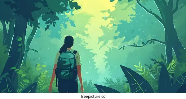 Woman with Backpack Walking Through a Lush Green Forest