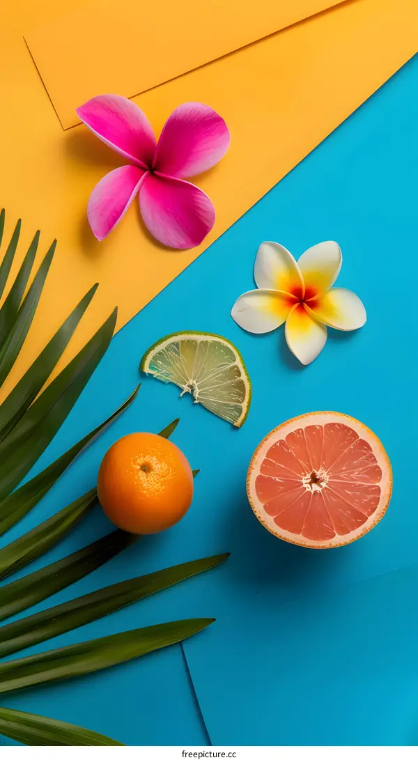Summer Fruits and Flowers on Blue and Yellow Background