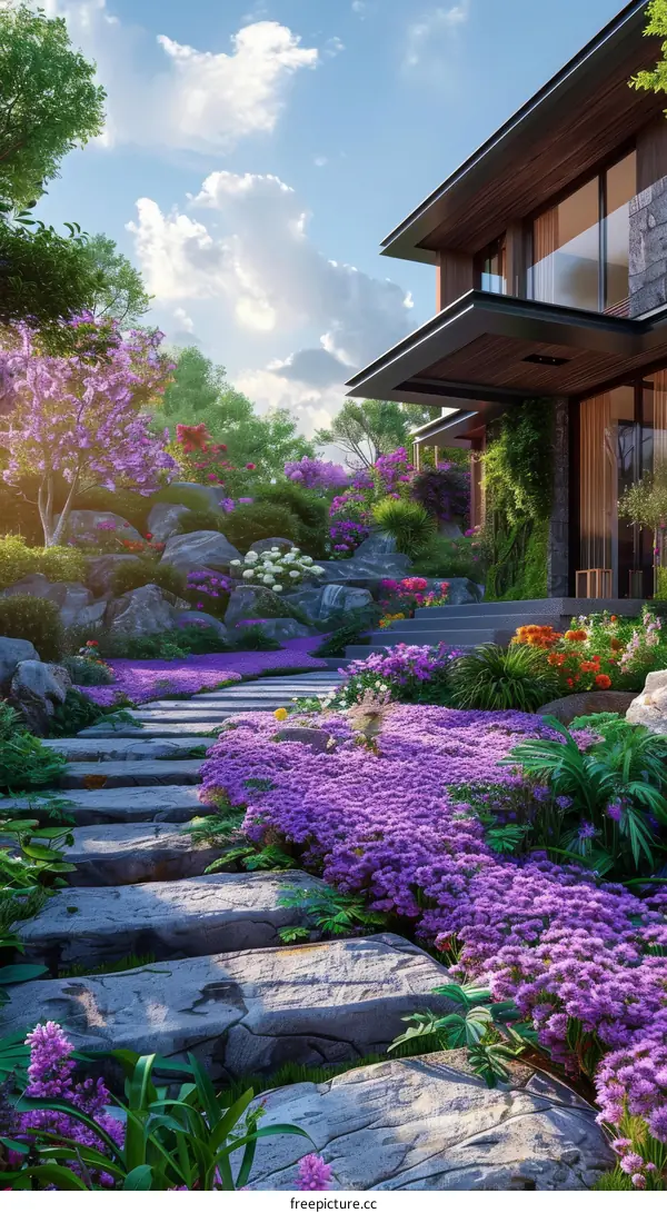 Blooming Flowers on a Stone Path on a Hillside