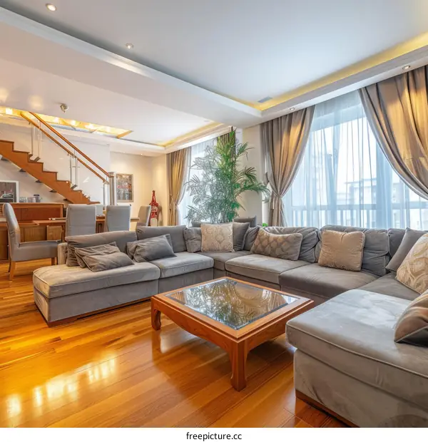 Modern Living Room With Grey Sectional Sofa And Wooden Flooring