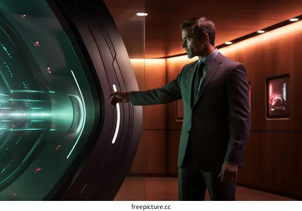 man in suit touching futuristic screen