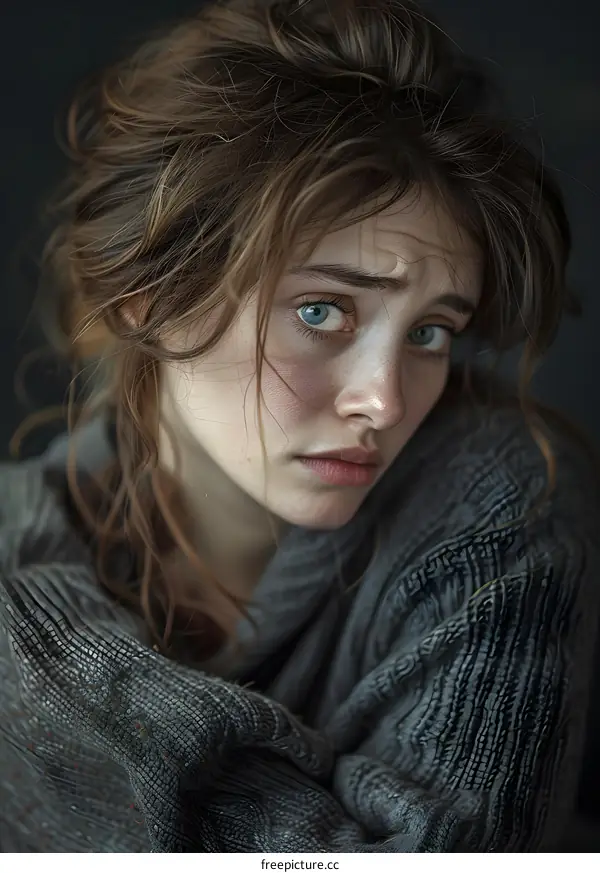 Portrait of a young woman with brown hair and blue eyes