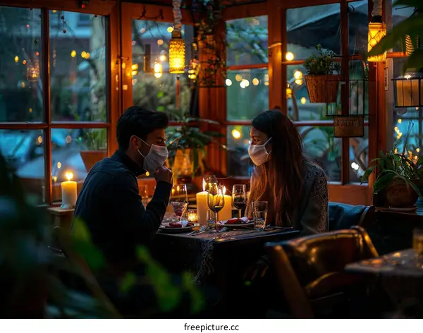 A couple is sitting at a table in a restaurant, wearing masks.